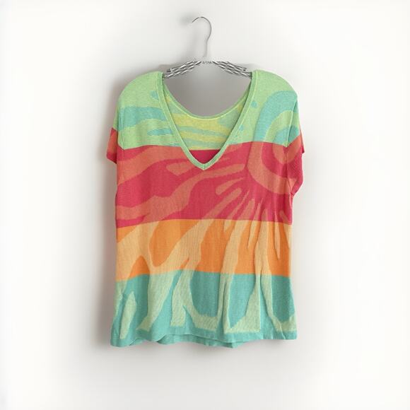 Y2K Knit Colorblock Tee V-Back Tropical Sunset Stripes Indie Skater Size M - Picture 2 of 10